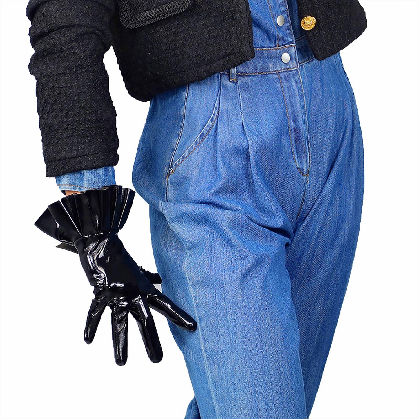 Women's Black Patent Leather 9.8 Inch Slim Fit Full Finger Party Gloves