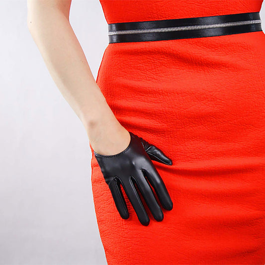 Women's Black Faux Leather Slim Fit Full Finger Party Gloves