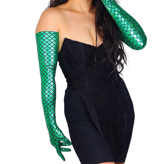 Women's Iridescent Metallic Holo 27.6 Inch Slim Fit Full Finger Party Gloves