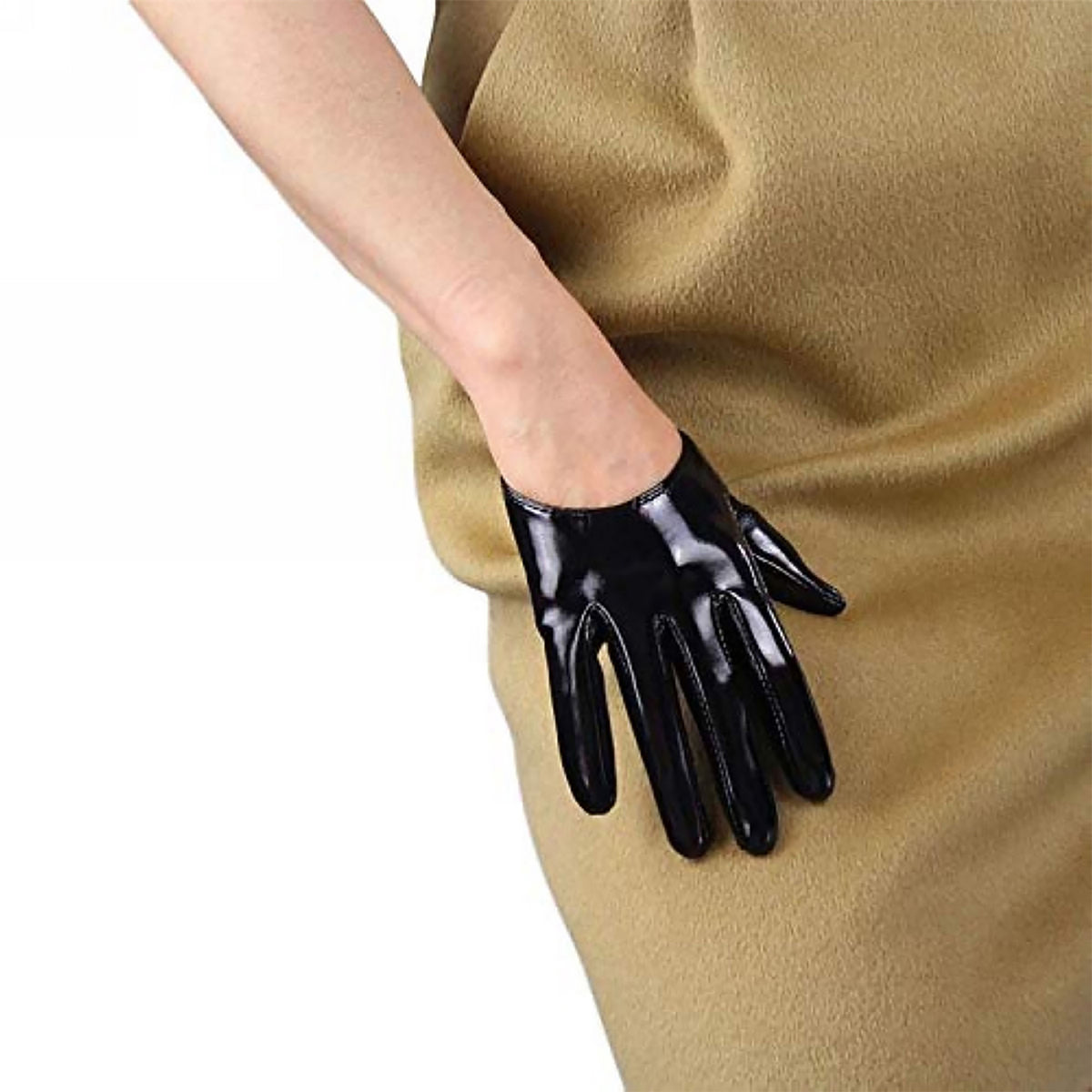 Women's Black Patent Leather Slim Fit Full Finger Party Gloves