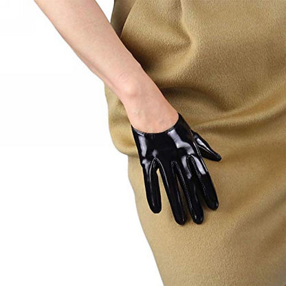 Women's Black Patent Leather Slim Fit Full Finger Party Gloves
