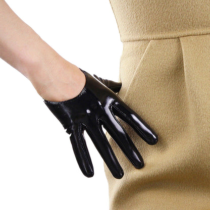Women's Black Patent Leather Slim Fit Full Finger Party Gloves
