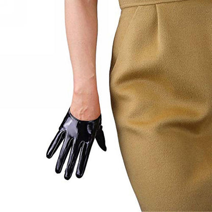 Women's Black Patent Leather Slim Fit Full Finger Party Gloves