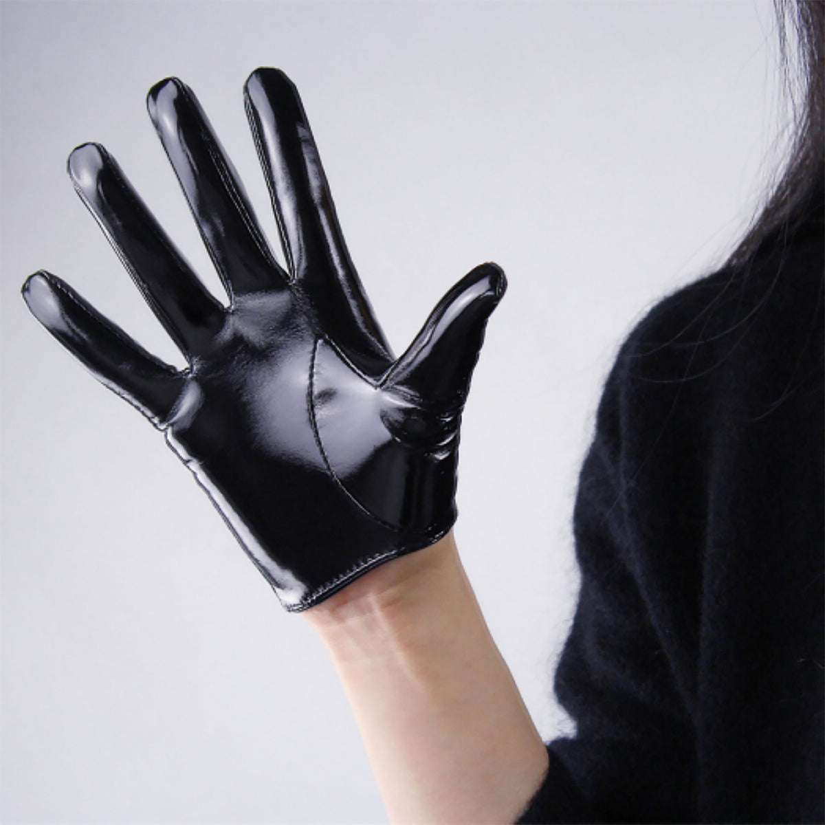 Women's Black Patent Leather Slim Fit Full Finger Party Gloves