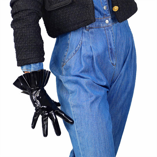Women's Black Patent Leather 9.8 Inch Slim Fit Full Finger Party Gloves