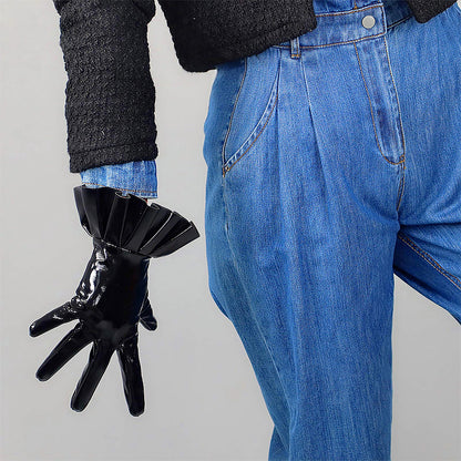 Women's Black Patent Leather Slim Fit Full Finger Party Gloves