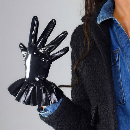 Women's Black Patent Leather Slim Fit Full Finger Party Gloves