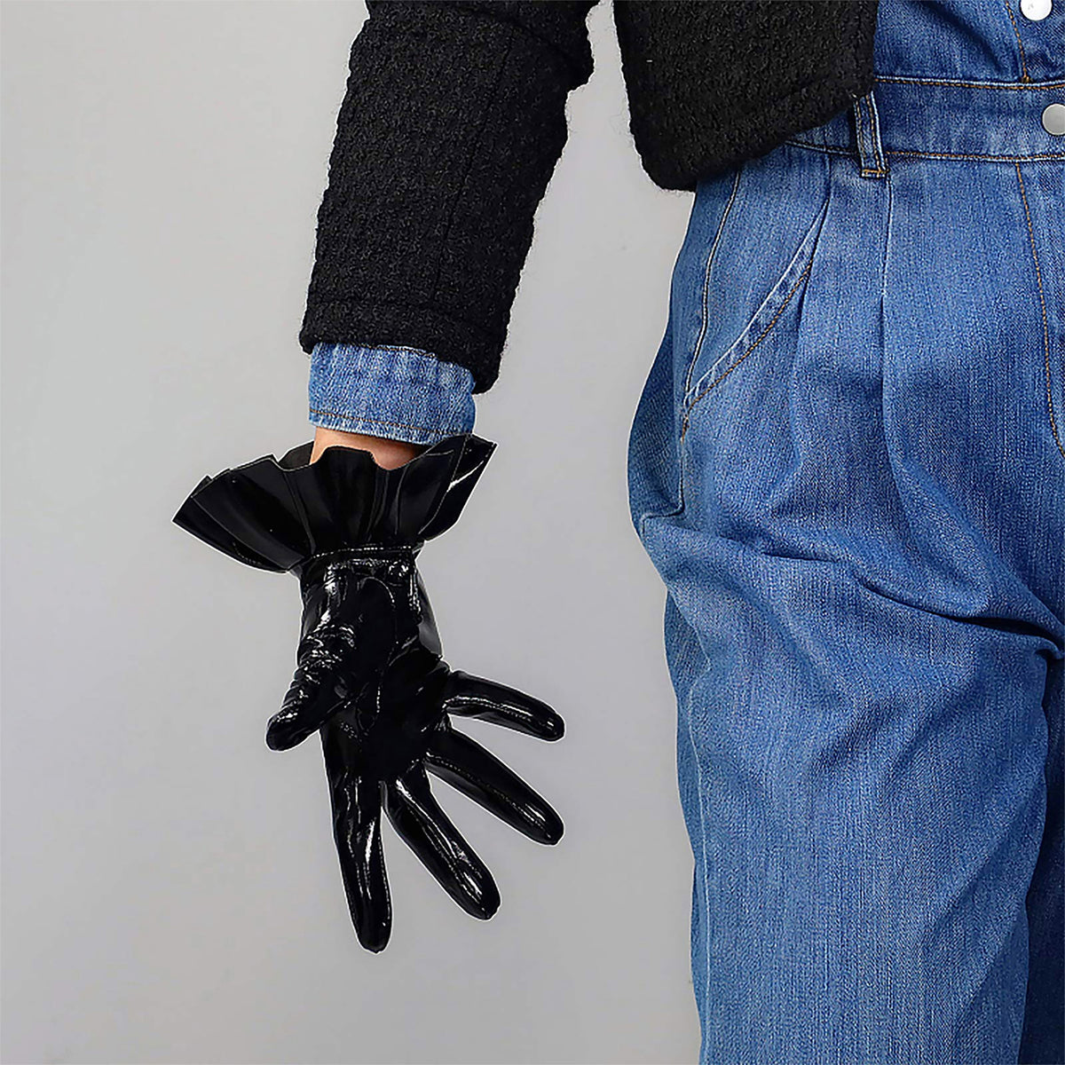 Women's Black Patent Leather Slim Fit Full Finger Party Gloves