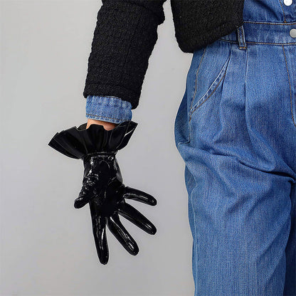 Women's Black Patent Leather Slim Fit Full Finger Party Gloves