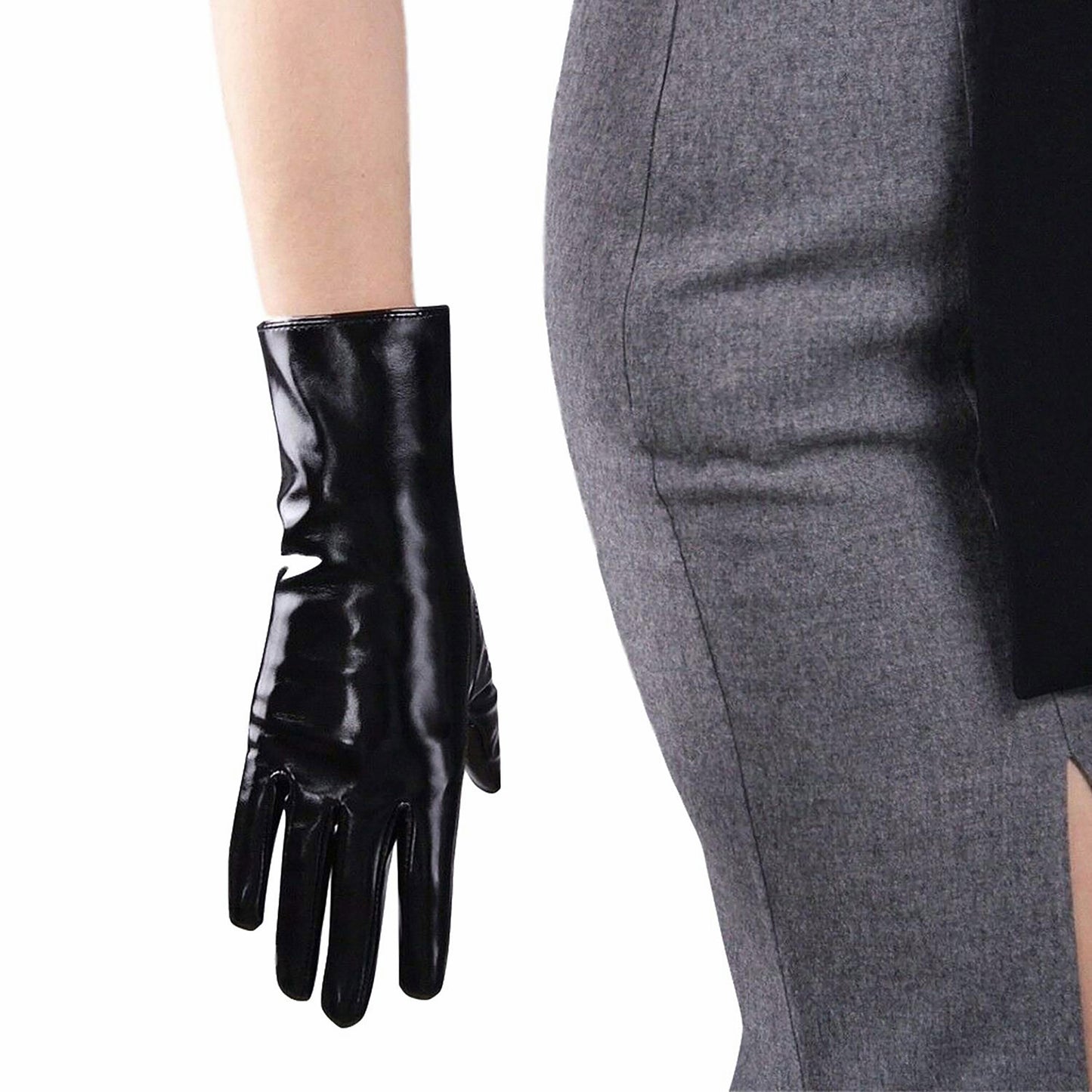 Women's Black Patent Leather 11.0 Inch Slim Fit Full Finger Party Gloves