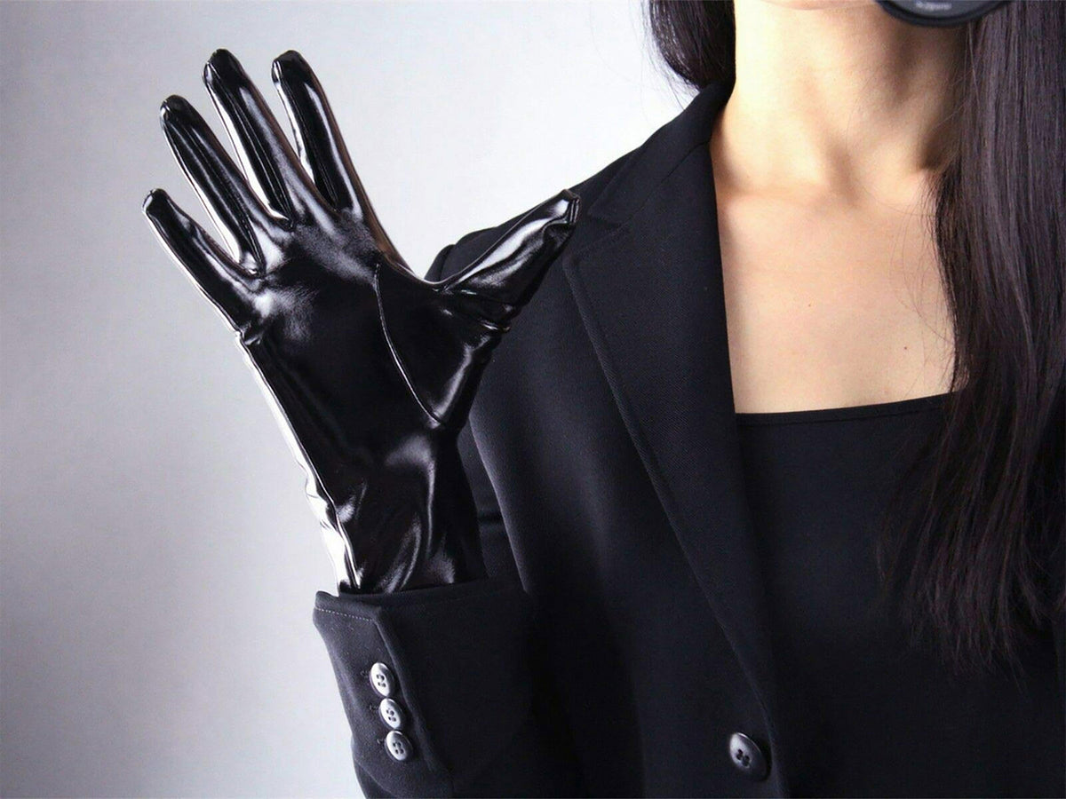 Women's Black Patent Leather Slim Fit Full Finger Party Gloves