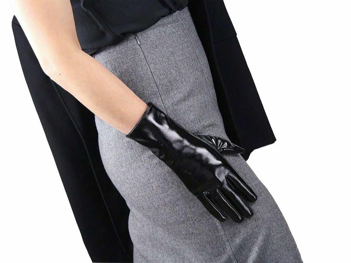 Women's Black Patent Leather Slim Fit Full Finger Party Gloves