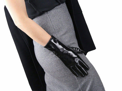 Women's Black Patent Leather Slim Fit Full Finger Party Gloves