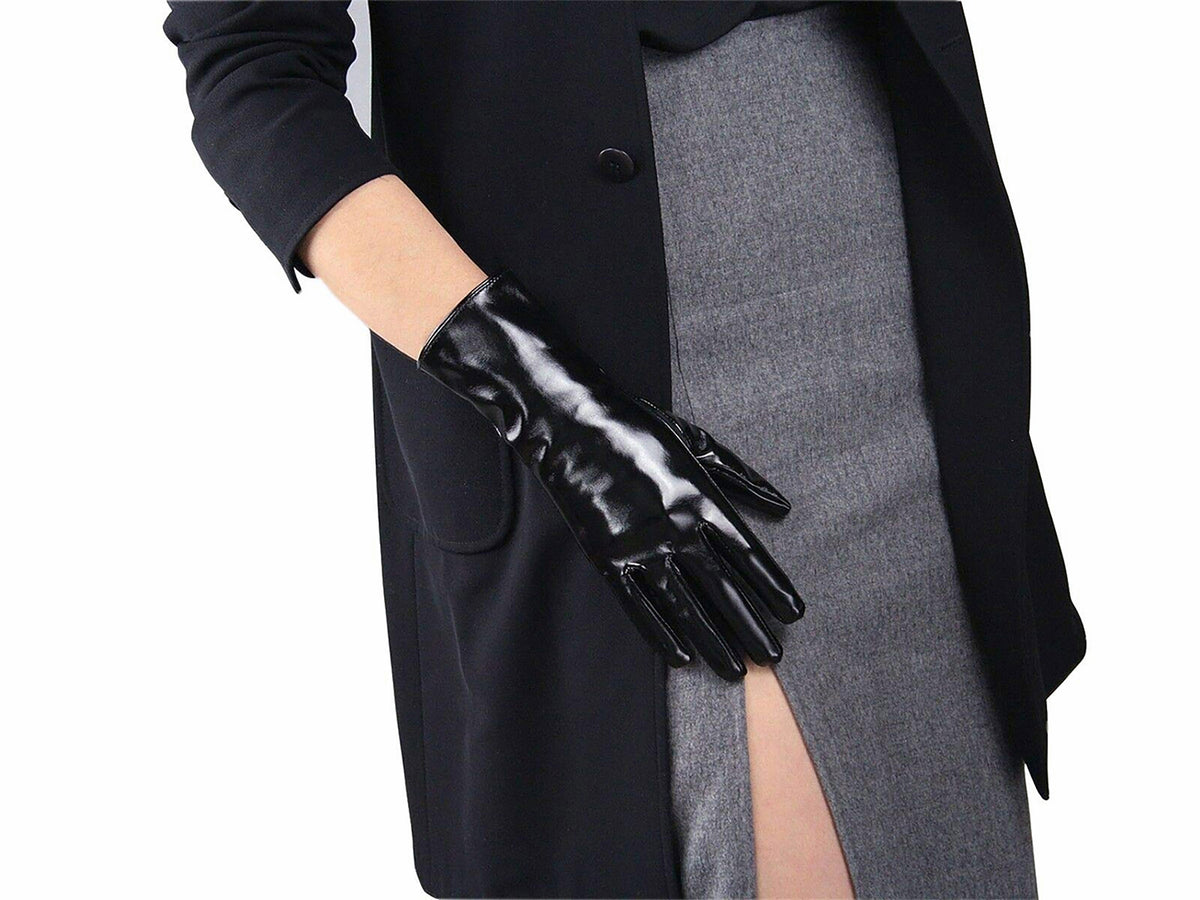 Women's Black Patent Leather Slim Fit Full Finger Party Gloves