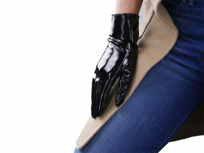 Women's Black Patent Leather Slim Fit Full Finger Party Gloves