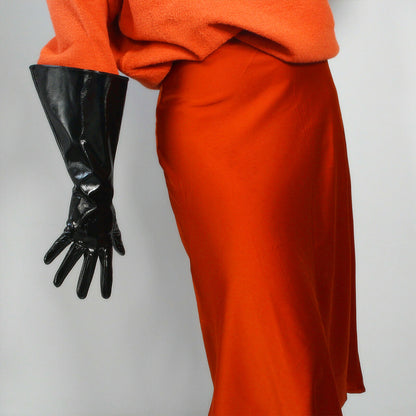Women's Black Patent Leather Slim Fit Full Finger Party Gloves