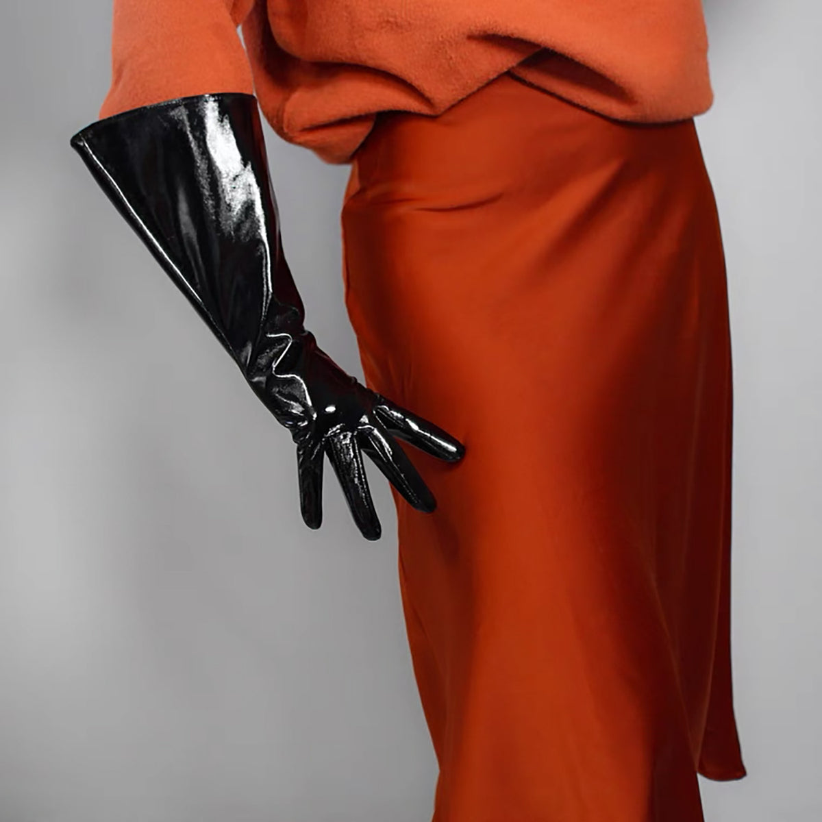 Women's Black Patent Leather Slim Fit Full Finger Party Gloves