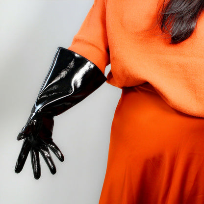 Women's Black Patent Leather Slim Fit Full Finger Party Gloves