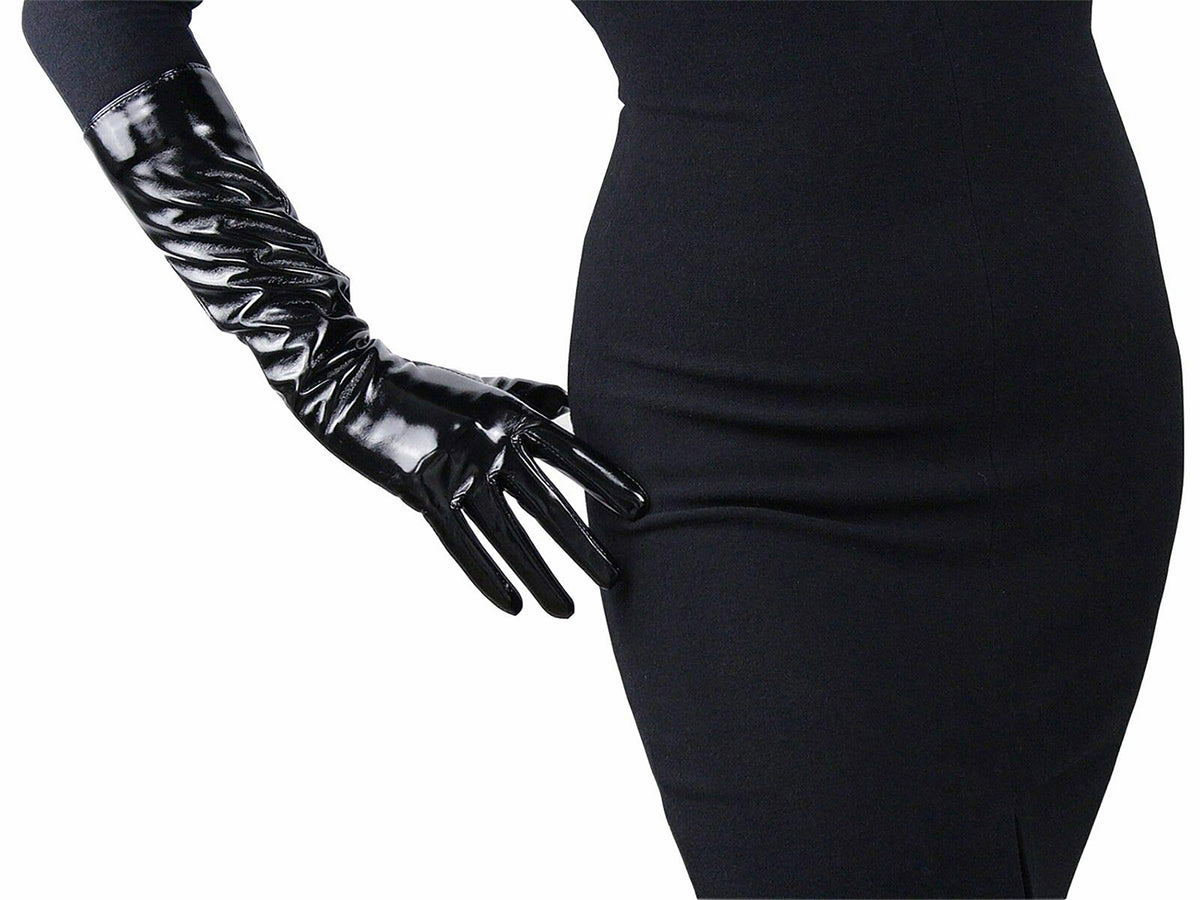 Women's Black Patent Leather Slim Fit Full Finger Party Gloves
