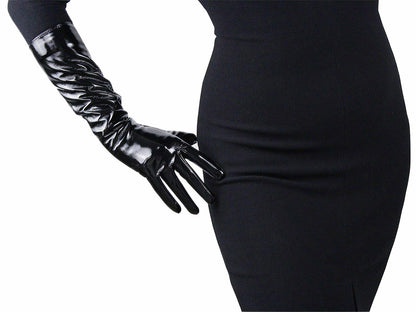 Women's Black Patent Leather Slim Fit Full Finger Party Gloves