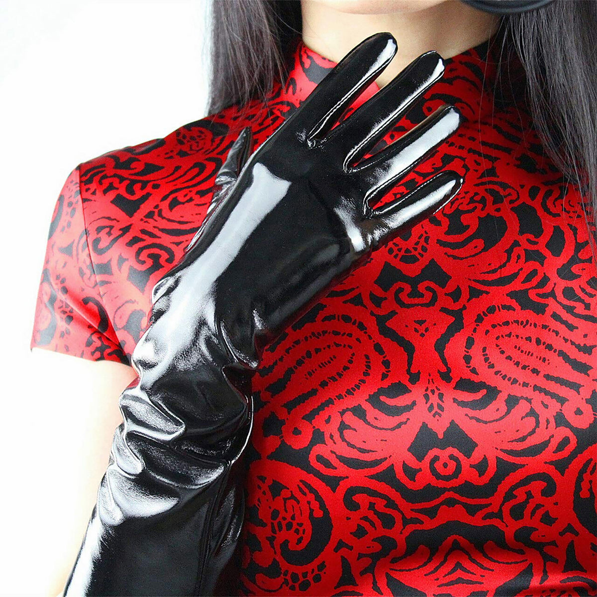 Women's Black Patent Leather Slim Fit Full Finger Party Gloves