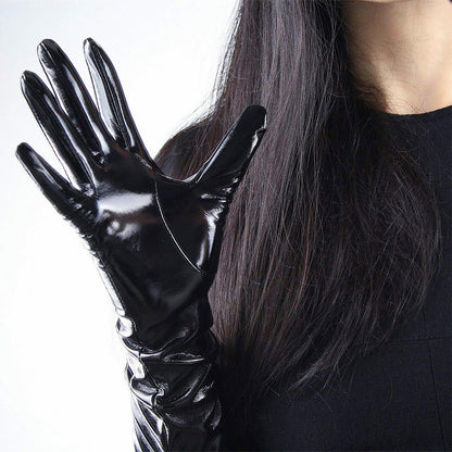 Women's Black Patent Leather Slim Fit Full Finger Party Gloves