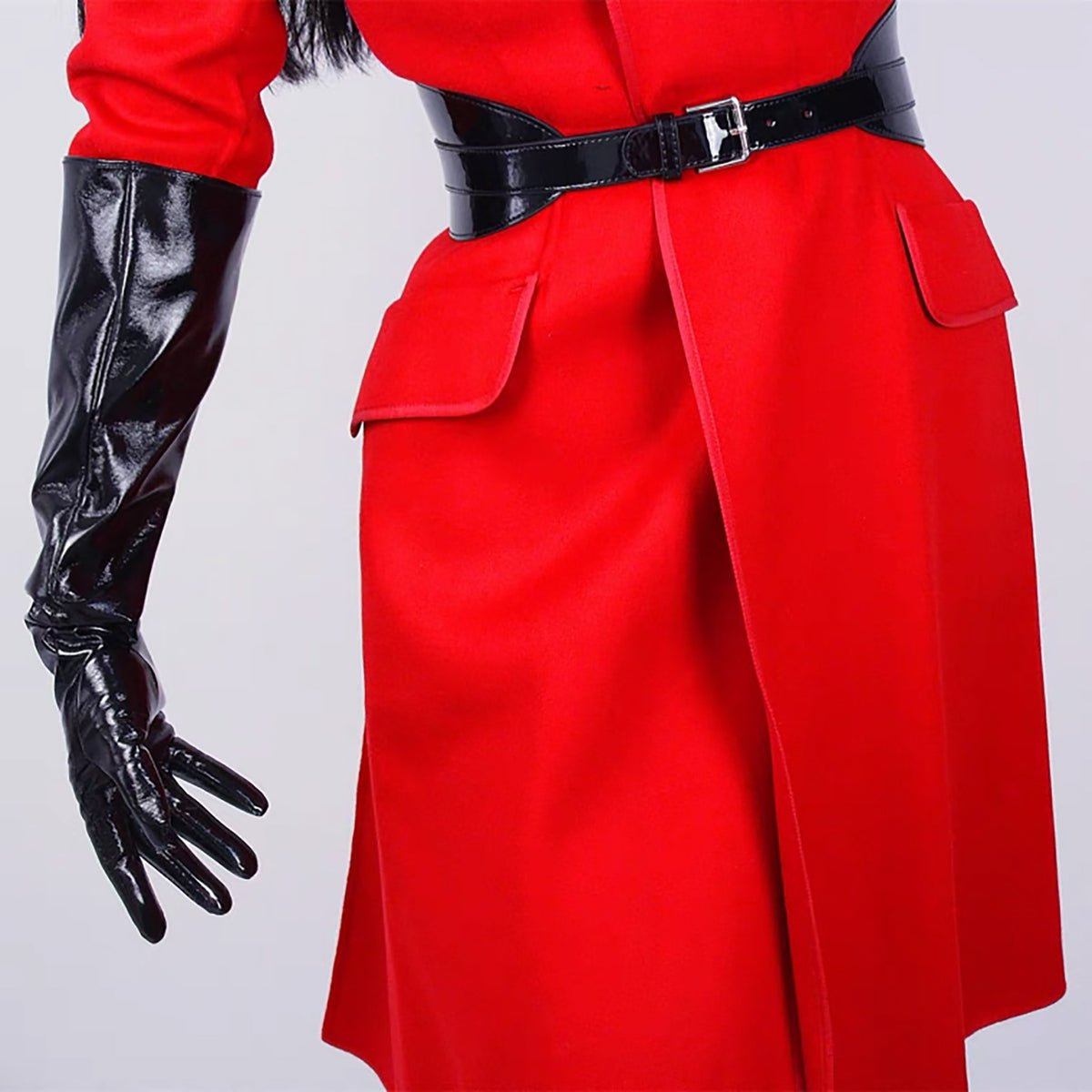 Women's Black Patent Leather Slim Fit Full Finger Party Gloves