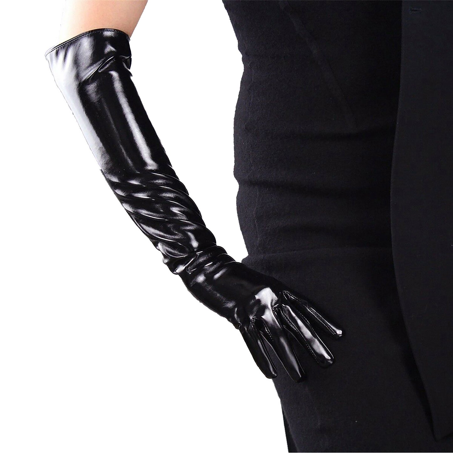 Women's Black Patent Leather 19.7 Inch Slim Fit Full Finger Party Gloves