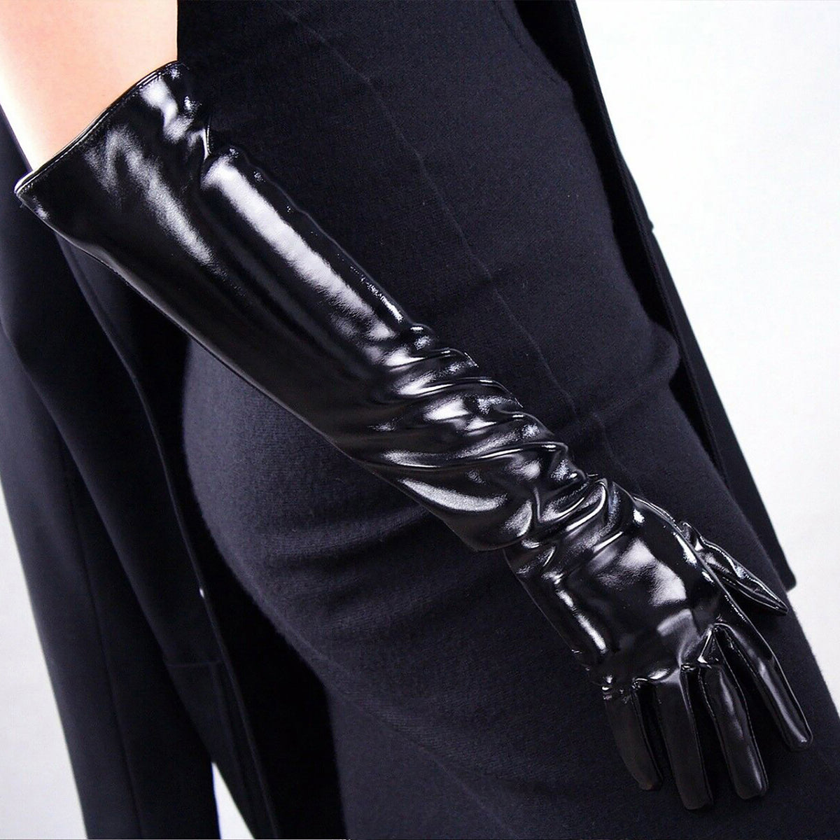 Women's Black Patent Leather Slim Fit Full Finger Party Gloves