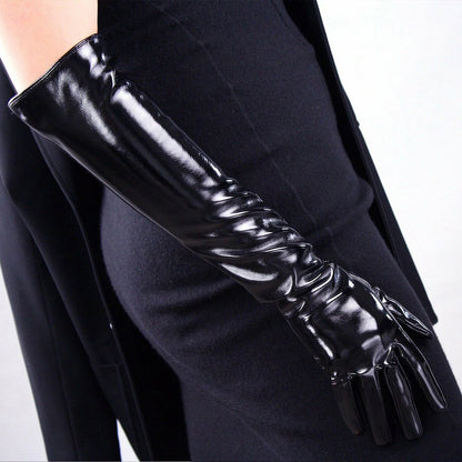 Women's Black Patent Leather Slim Fit Full Finger Party Gloves