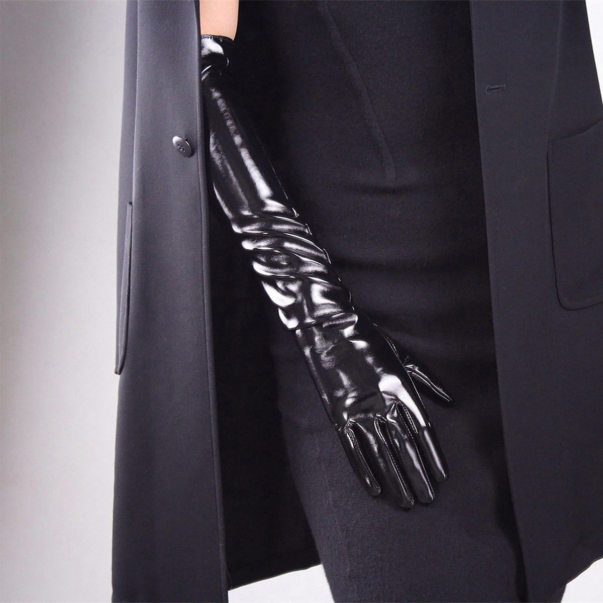Women's Black Patent Leather Slim Fit Full Finger Party Gloves