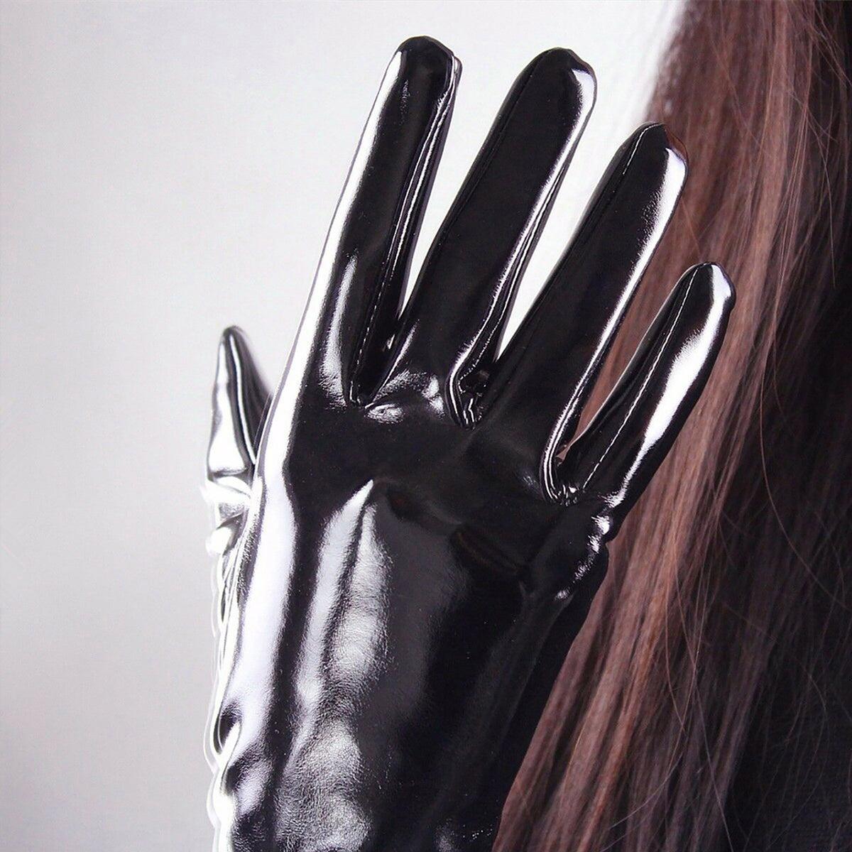 Women's Black Patent Leather Slim Fit Full Finger Party Gloves