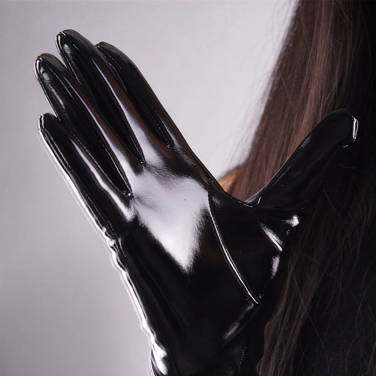 Women's Black Patent Leather Slim Fit Full Finger Party Gloves