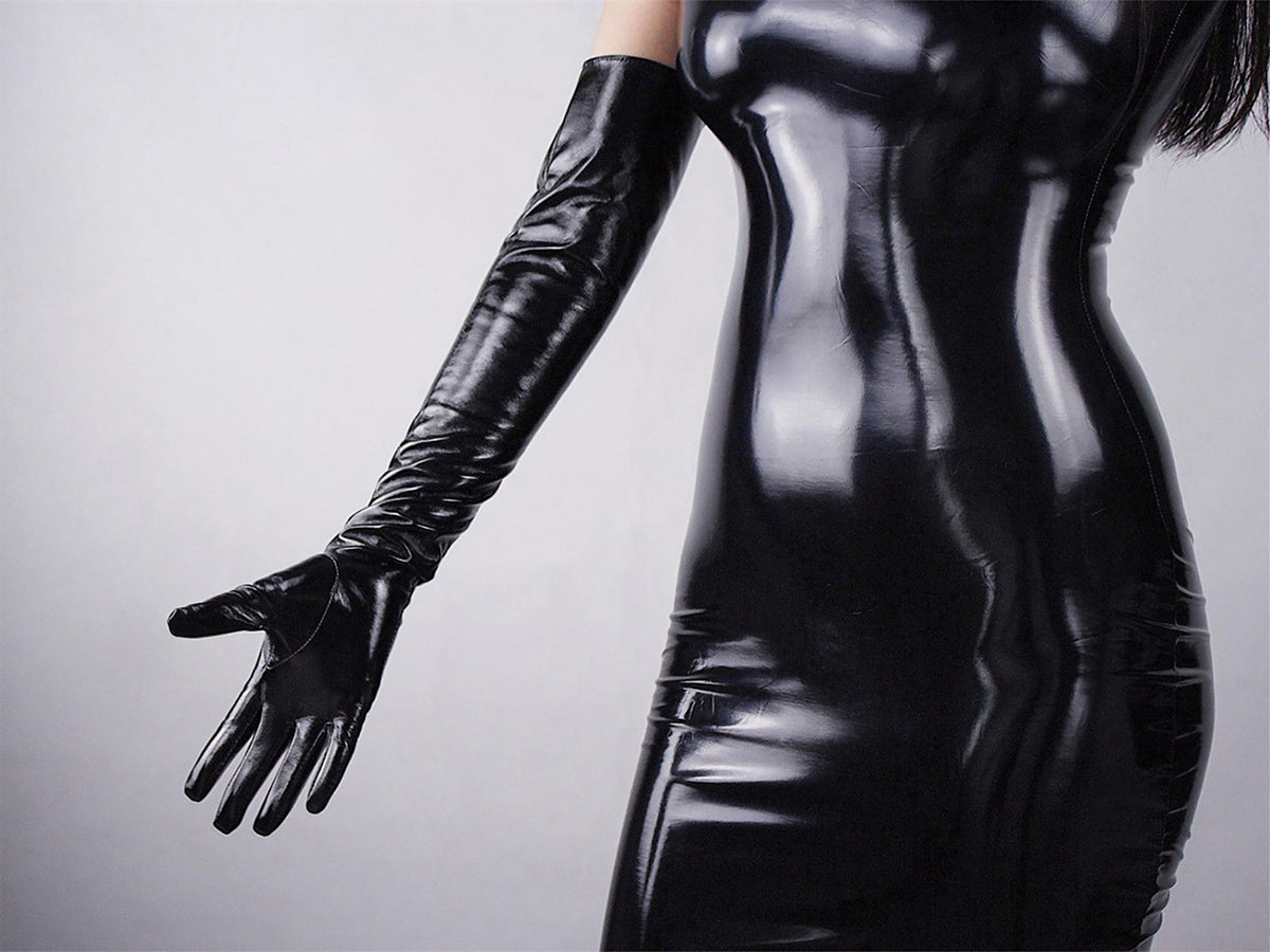 Women's Black Patent Leather Slim Fit Full Finger Party Gloves