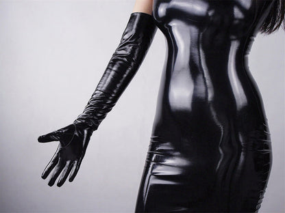 Women's Black Patent Leather Slim Fit Full Finger Party Gloves