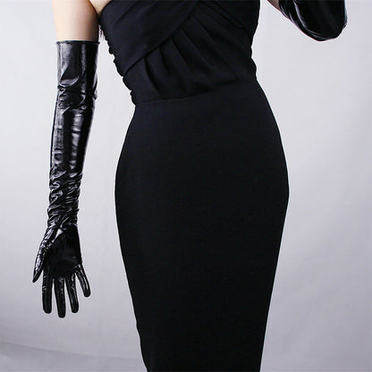 Women's Black Patent Leather Slim Fit Full Finger Party Gloves