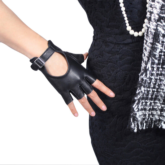 Women's Genuine Leather 5.5 Inch Slim Fit Half Finger Driving Gloves
