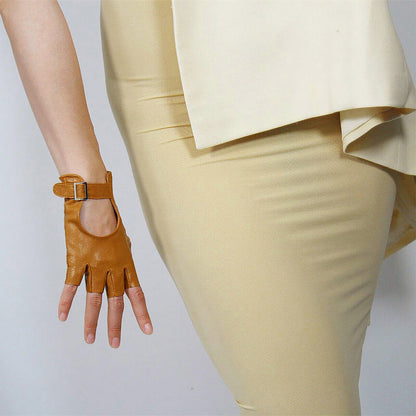 Women's Genuine Leather 5.5 Inch Slim Fit Half Finger Driving Gloves
