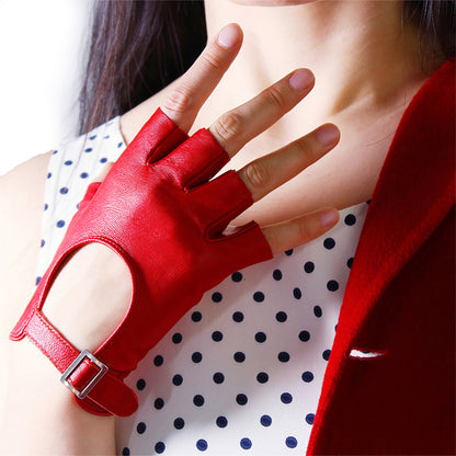 Women's Genuine Leather 5.5 Inch Slim Fit Half Finger Driving Gloves