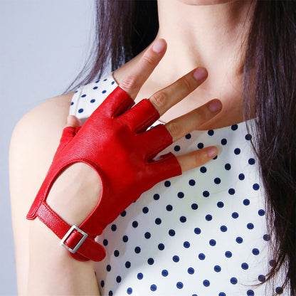 Women's Genuine Leather 5.5 Inch Slim Fit Half Finger Driving Gloves