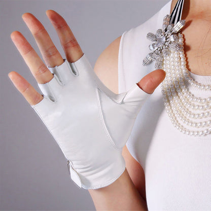 Women's Genuine Leather 5.5 Inch Slim Fit Half Finger Driving Gloves
