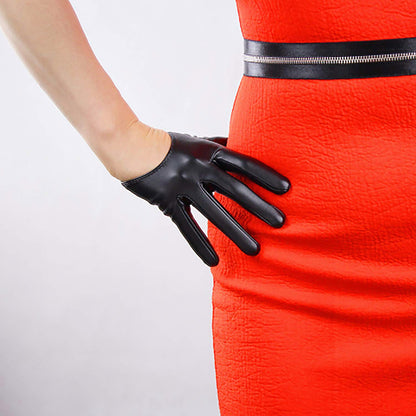 Women's Black Faux Leather Slim Fit Full Finger Party Gloves