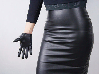 Women's Black Faux Leather Slim Fit Full Finger Party Gloves