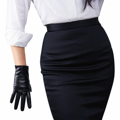 Women's Black Faux Leather Slim Fit Full Finger Party Gloves