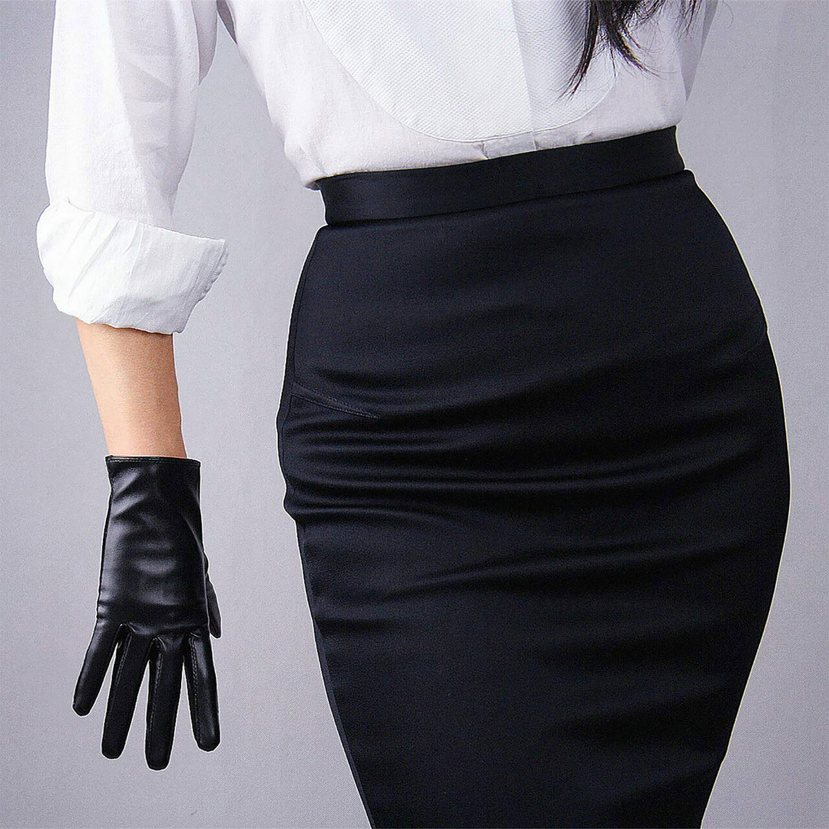 Women's Black Faux Leather Slim Fit Full Finger Party Gloves