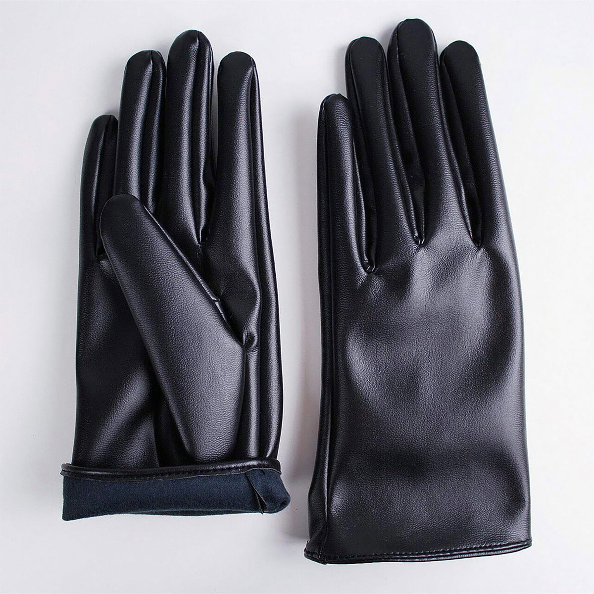 Women's Black Faux Leather Slim Fit Full Finger Party Gloves