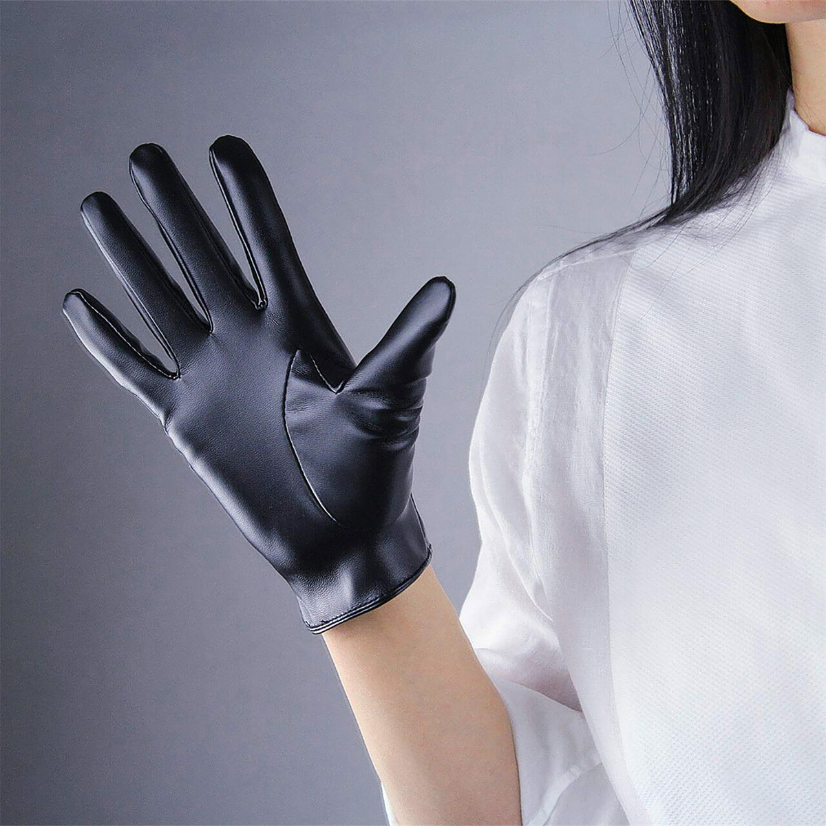 Women's Black Faux Leather Slim Fit Full Finger Party Gloves