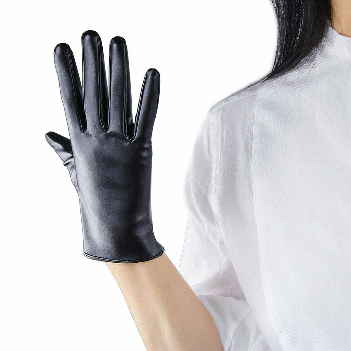 Women's Black Faux Leather Slim Fit Full Finger Party Gloves