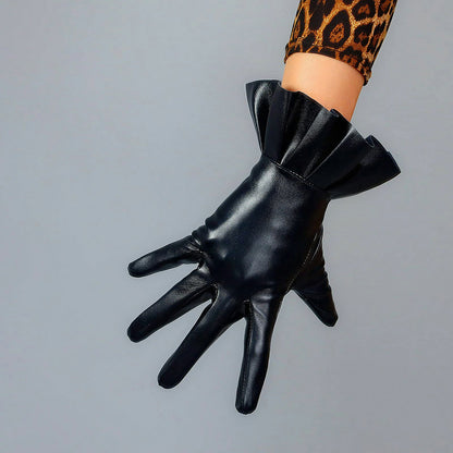 Women's Black Faux Leather Slim Fit Full Finger Party Gloves