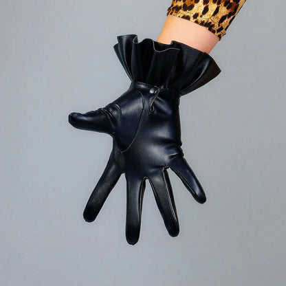 Women's Black Faux Leather Slim Fit Full Finger Party Gloves
